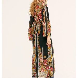 New Free People Dream Girl Lg 12 / 14 Black Red Floral Longline Kimono Maxi Top